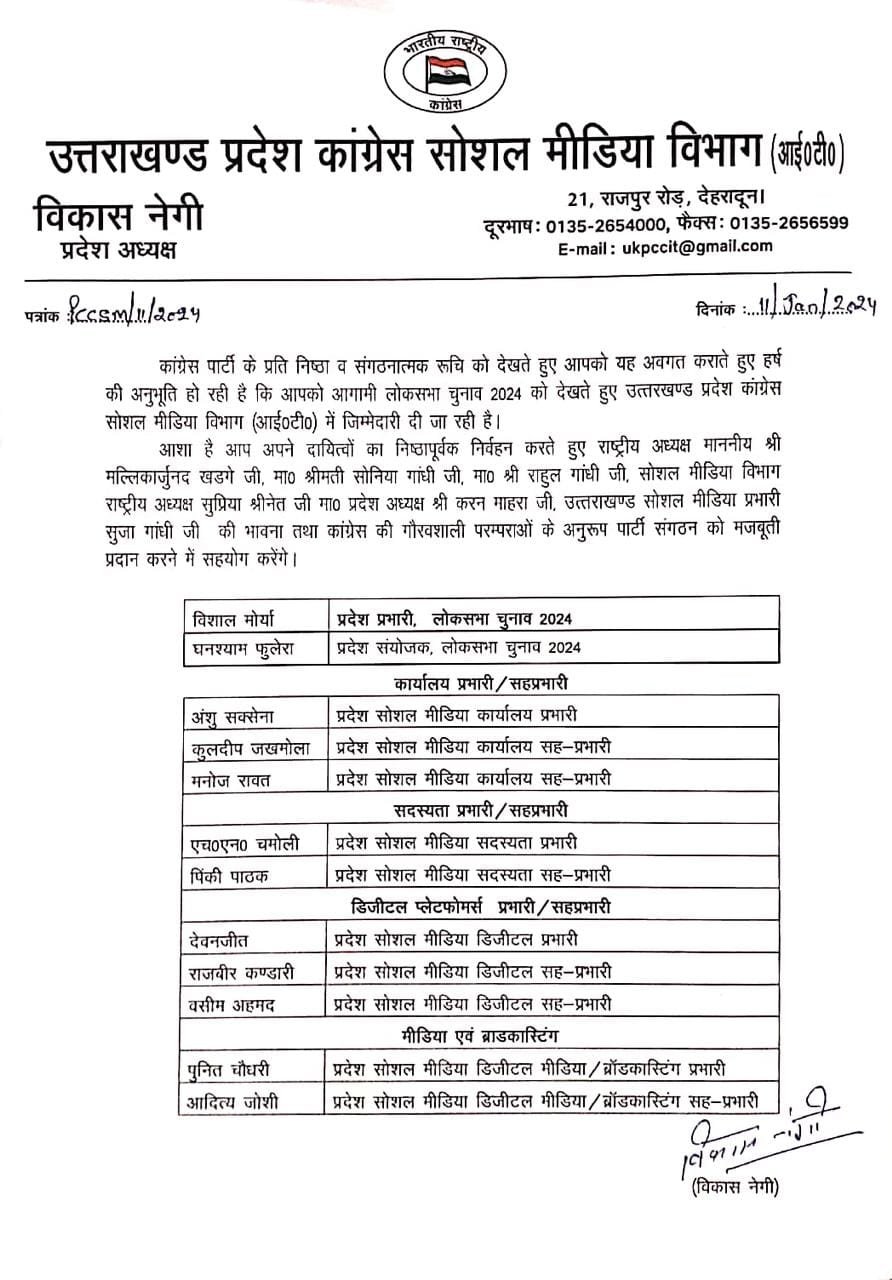 लोकसभा चुनाव के कांग्रेस सोशल मीडिया के प्रभारी घोषित