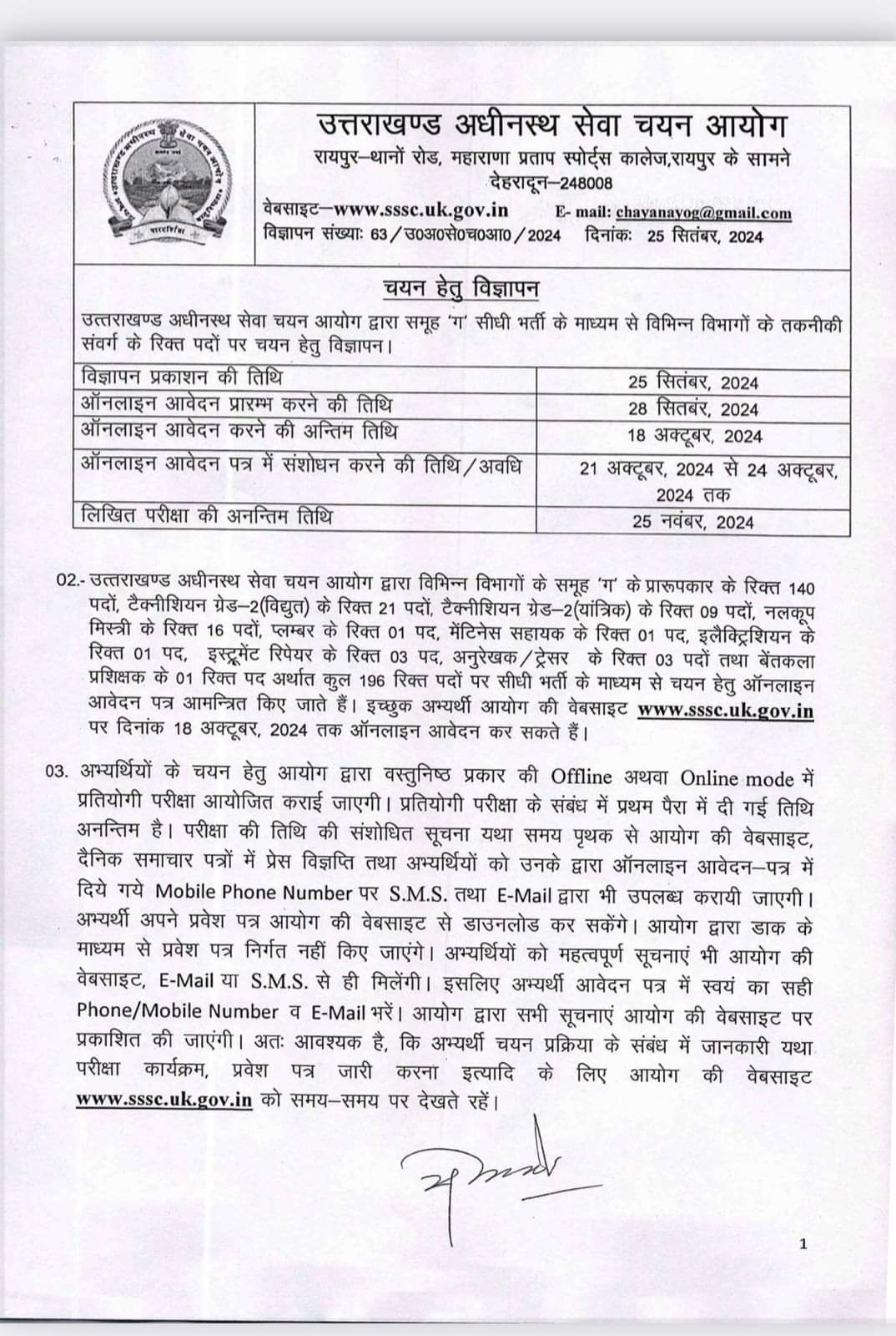 समूह ग के 196 पदों पर भर्ती के लिए विज्ञप्ति जारी