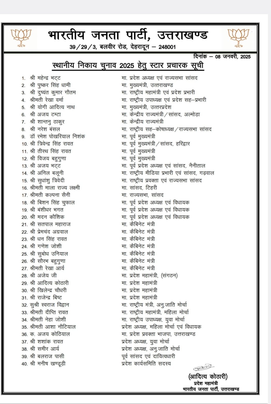 निकाय चुनाव के लिए बीजेपी ने जारी की स्टार प्रचारकों की लिस्ट