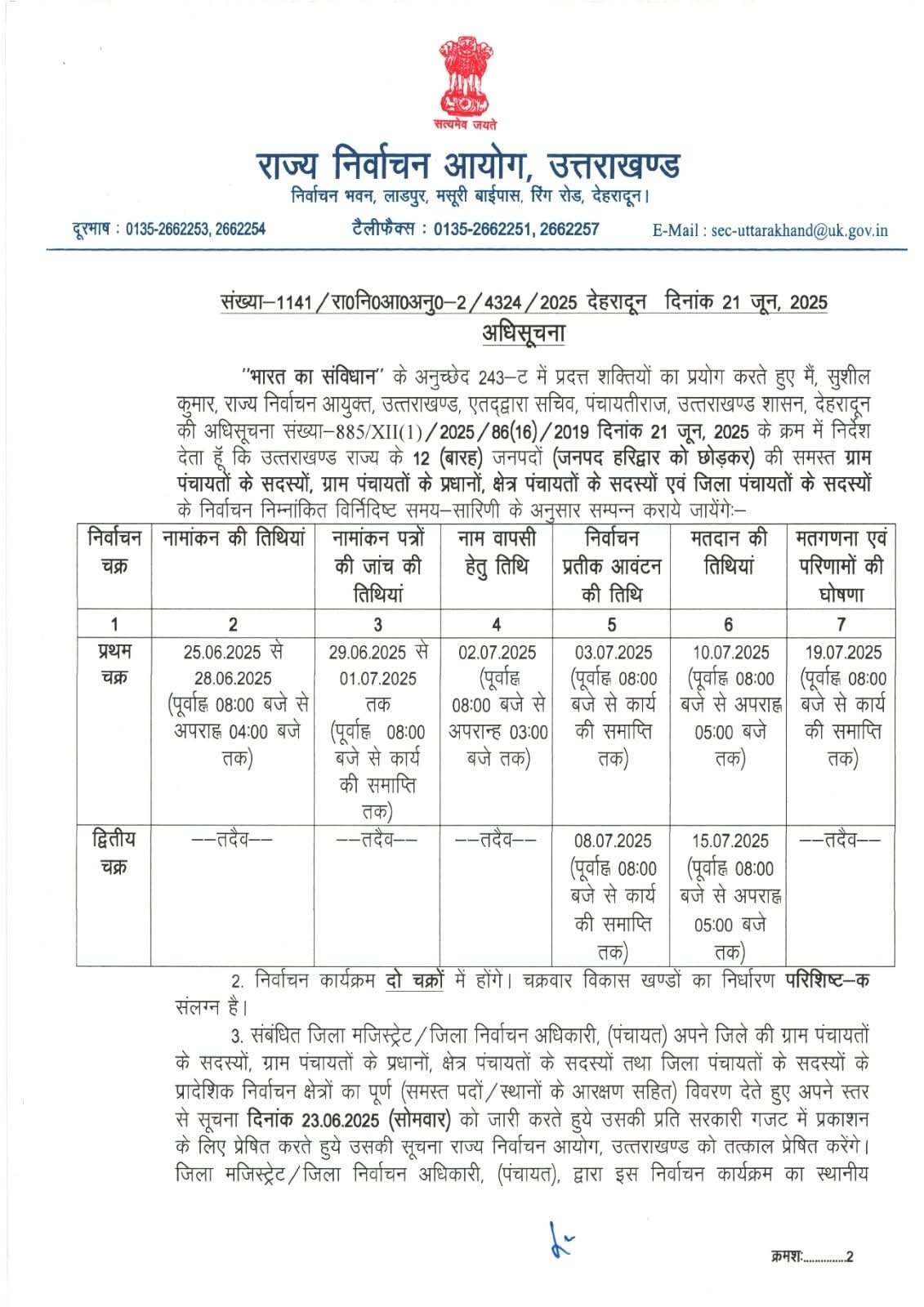 उत्तराखंड में 2 चरण में होंगे पंचायत चुनाव 19 जुलाई को वोटों की गिनती