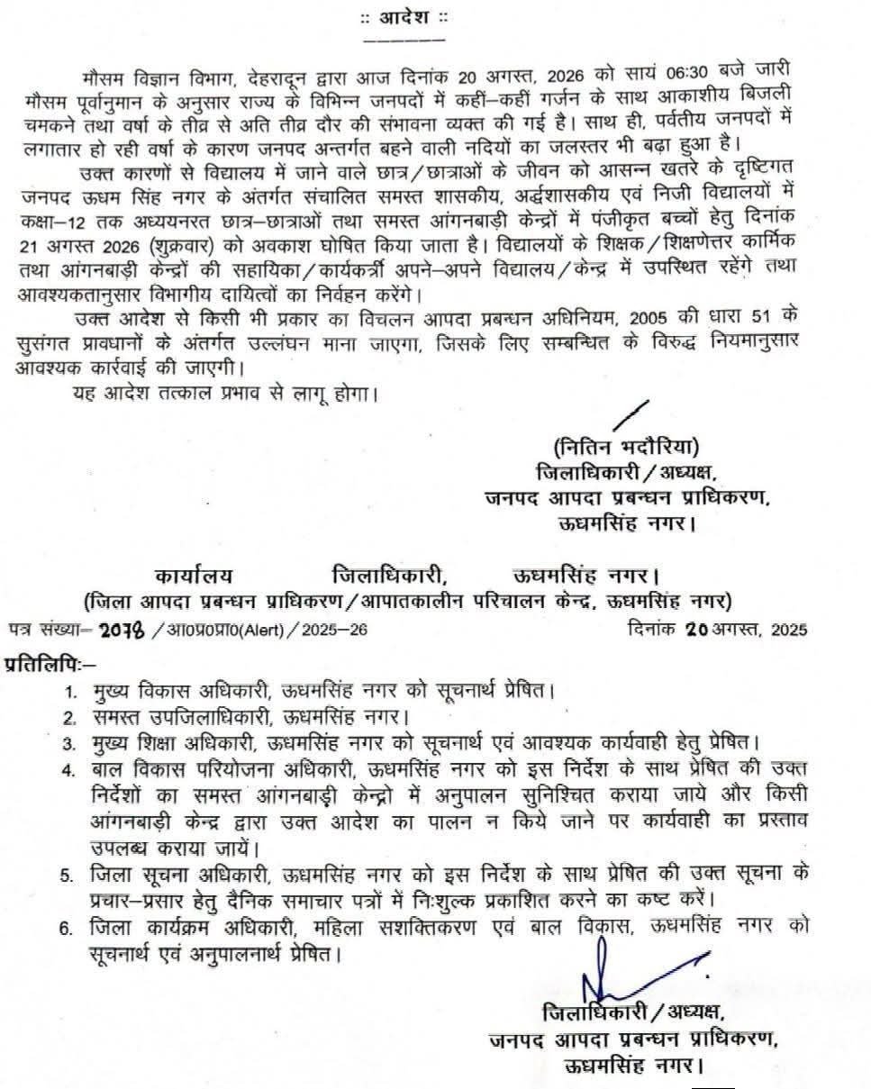ऊधमसिंहनगर में आज स्कूल बंद रहेंगे