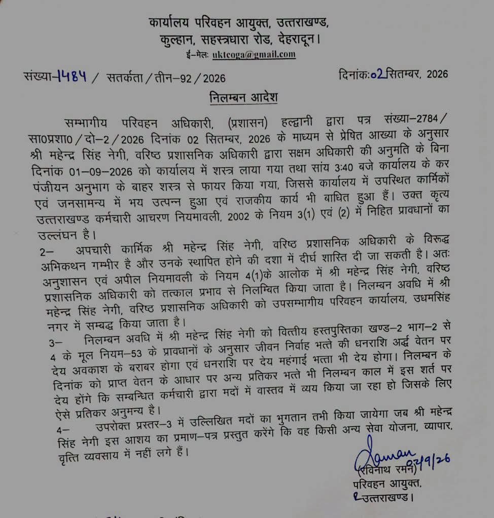 हवाई फायरिंग करने वाले कर्मचारी को परिवहन विभाग ने सस्पेंड किया